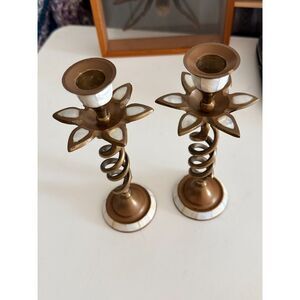 Brass & Mother of Pearl inlay candlestick (Pair) 8" tall